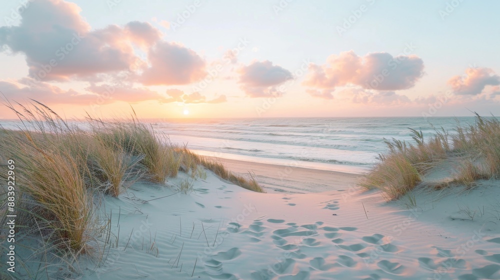 Peaceful Sunset on Sandy Beach with Ocean Waves. Peaceful Sunset on Sandy Beach with Ocean Waves.
