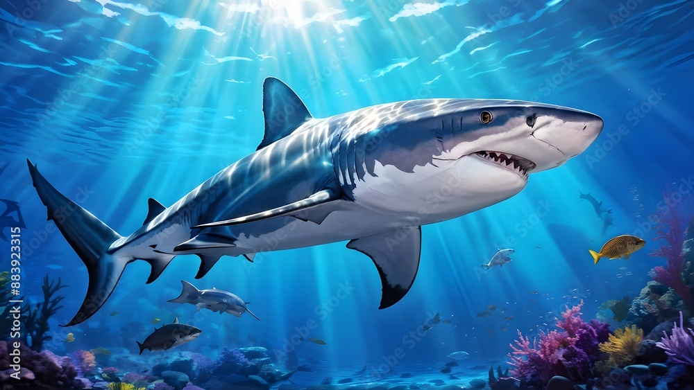 Fototapeta premium Shark gliding through the depths submerged in the suns filtered rays, AI generated