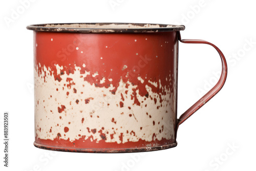 A vintage enamel mug with a chipped paint job and a nostalgic feel. Isolated on white background photo