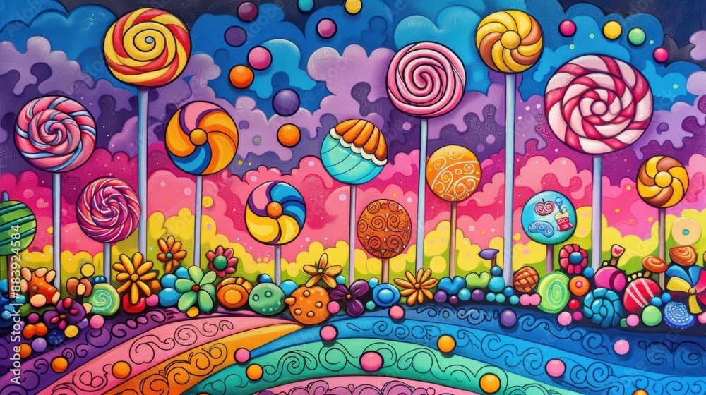 A sweet and colorful candyland awaits in this delightful coloring book page. From lollipops to gummy bears, this illustration is perfect for those with a sweet tooth. A sweet and colorful candyland awaits in this delightful coloring book page. From lollipops to gummy bears, this illustration is perfect for those with a sweet tooth.