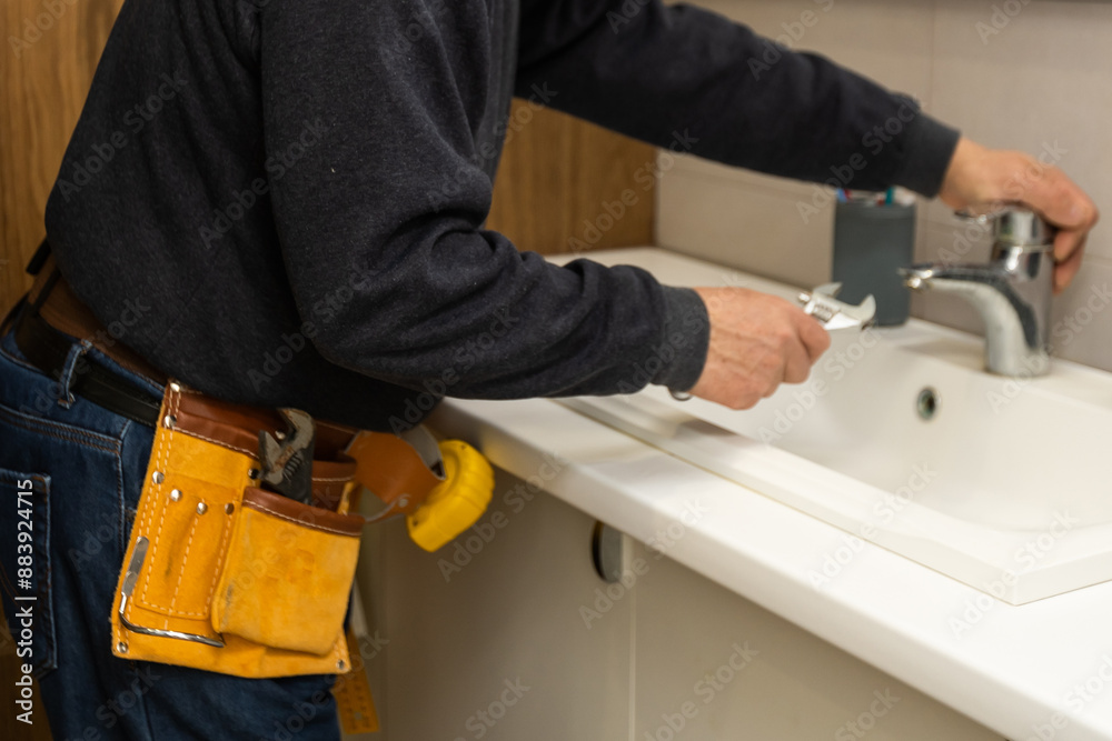 Man repairing bathroom faucet with adjustable wrench Man repairing bathroom faucet with adjustable wrench