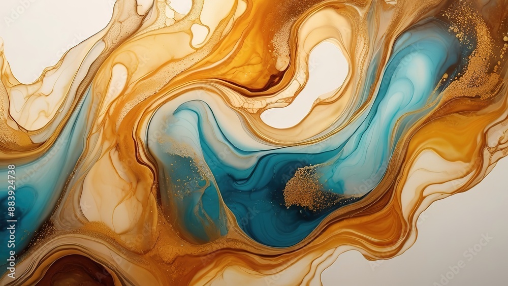Abstract fluid art painting in alcohol ink with golden and blue Abstract fluid art painting in alcohol ink with golden and blue