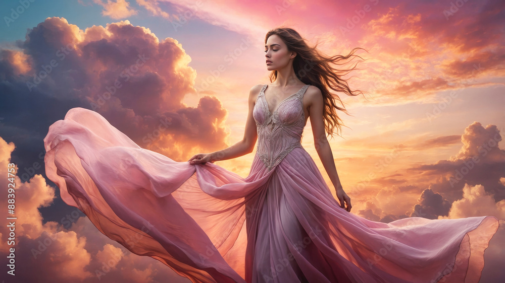 Fantasy woman with flowing hair among clouds Fantasy woman with flowing hair among clouds
