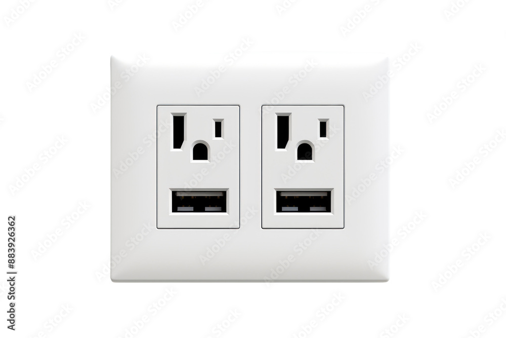 A close-up photo of a white power outlet with three prongs, isolated on a white background A close-up photo of a white power outlet with three prongs, isolated on a white background