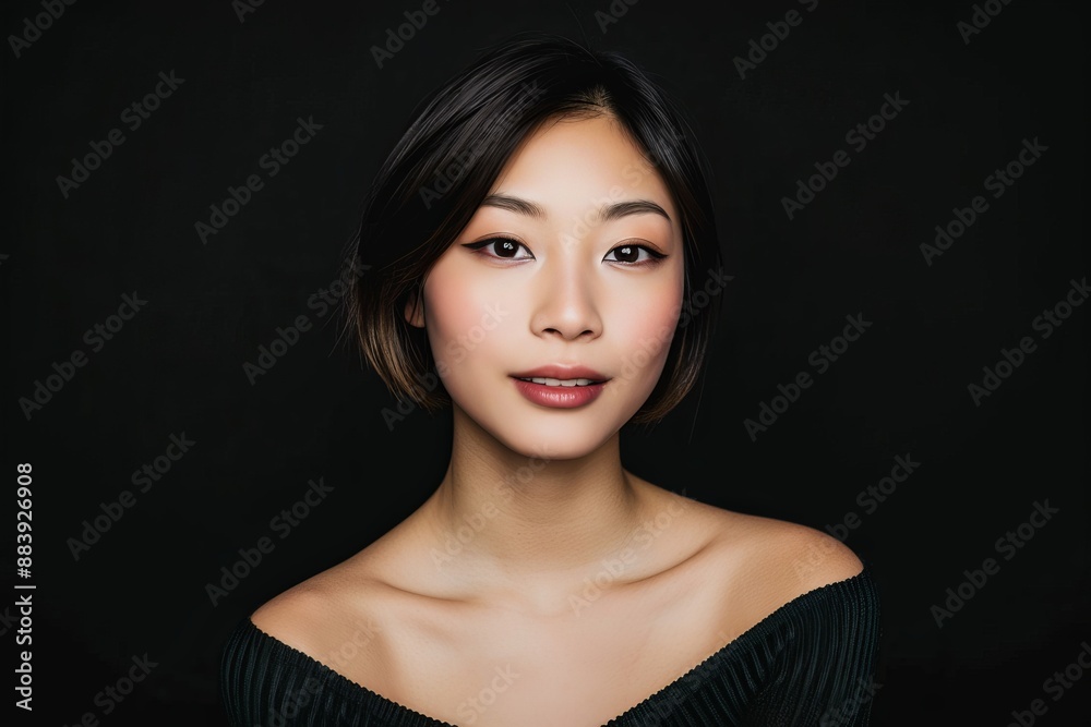 Portrait of asian woman looking confident Close-up portrait of young asian woman looking confident against black background. Shot of female with short hair looking at camera and smiling. Portrait of asian woman looking confident Close-up portrait of young asian woman looking confident against black background. Shot of female with short hair looking at camera and smiling.