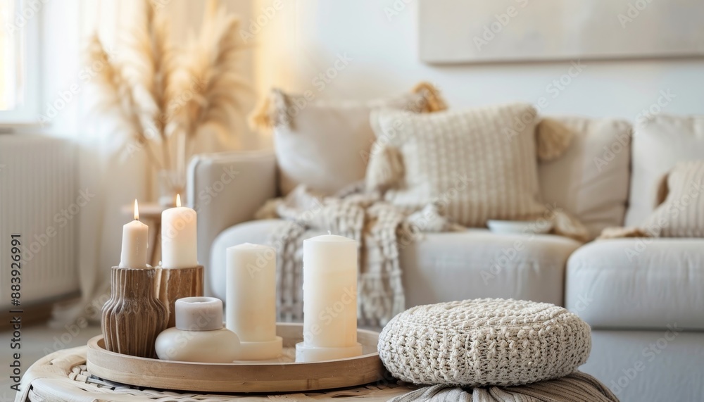 Modern beige living room with cozy interior, sofa, pillows, wooden table, candles natural decor Modern beige living room with cozy interior, sofa, pillows, wooden table, candles natural decor