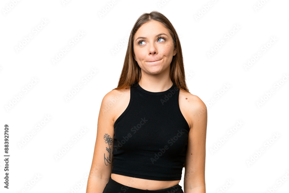 Young blonde woman over isolated chroma key background having doubts while looking up Young blonde woman over isolated chroma key background having doubts while looking up