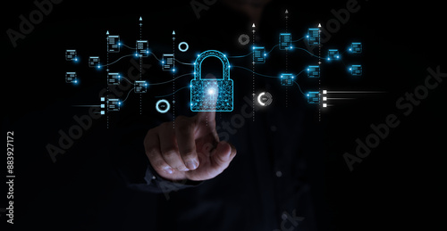 Cyber security and privacy concept to protect data, lock icon and internet network security technology, businessman protects personal data on smartphone and virtual interface
