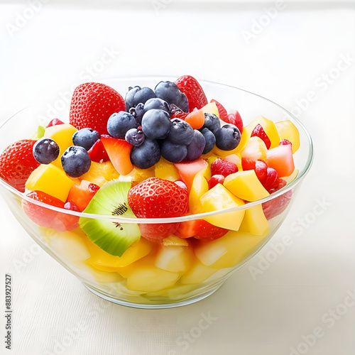 Delicious Fresh fruit salad in glass bowl isolated Illustration image on white Background