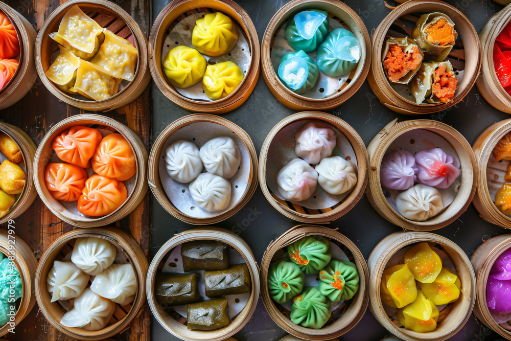 Colorful Dim Sum in Bamboo Steamers. Colorful Dim Sum in Bamboo Steamers.