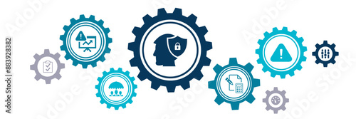 risk / hazard management vector illustration. Concept with icons related to risk analysis or risk assessment / identification strategy in business, in a company or in finance.