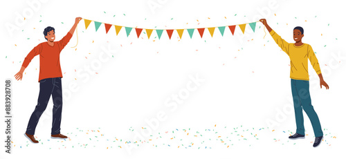 Smiling men holding flag garland in confetti flat color vector illustration. Holiday party celebration cartoon composition on white background