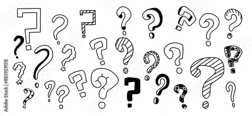 Hand-drawn question mark icons on white background. Variety of icons each depicted in charming monochrome line art style perfect for adding intrigue