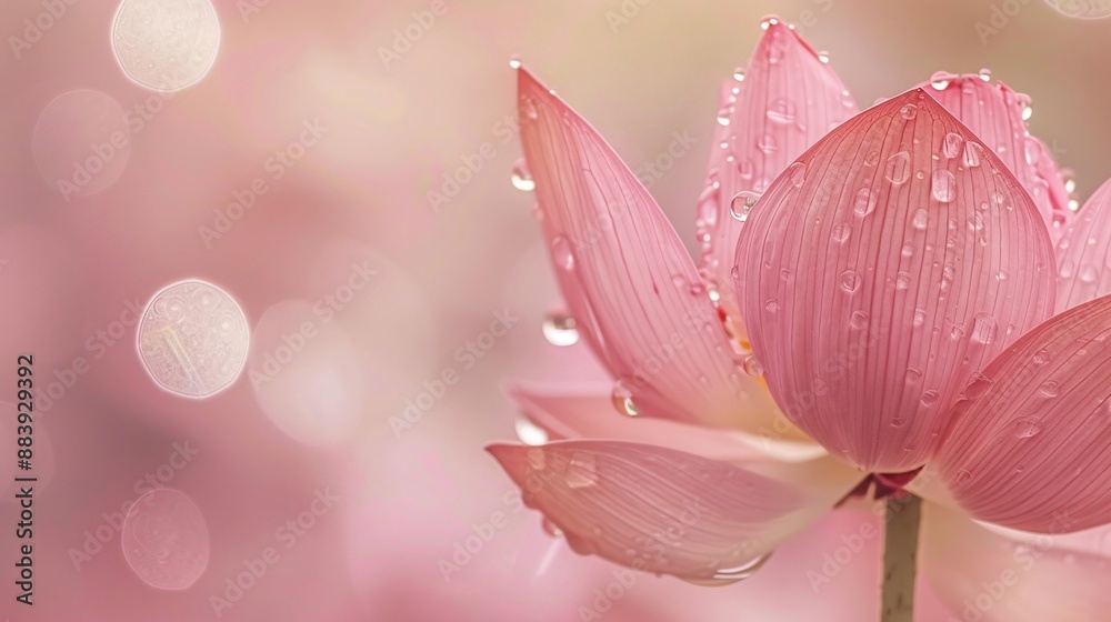 Close-up of a wet Renge (lotus) flower with stem, soft pink blur background, raindrops gently on petals, symbolic and serene. Close-up of a wet Renge (lotus) flower with stem, soft pink blur background, raindrops gently on petals, symbolic and serene.