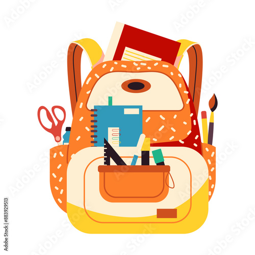 Cartoon school backpack with educational gear on white background. Vector artwork features various writing tools suitable for academic visuals