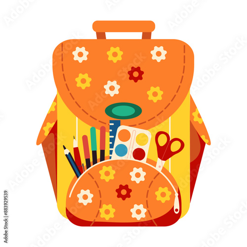 Colorful cartoon schoolbag design on white background. Painting essentials pencils and paints suitable for elementary school female students