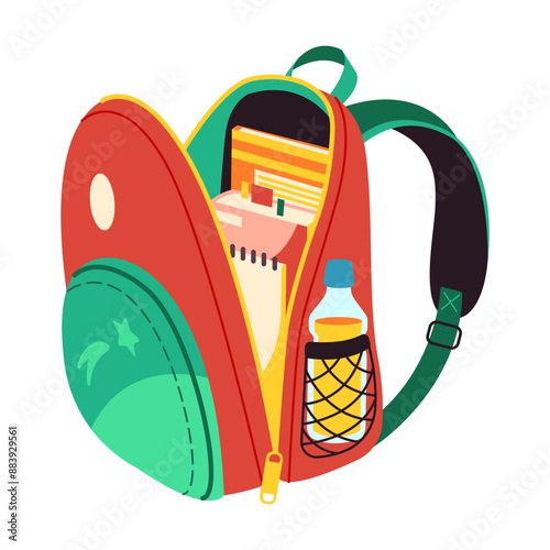 School backpack icon with academic supplies on white background. Iconographic representation of school featuring books perfect for educational graphics