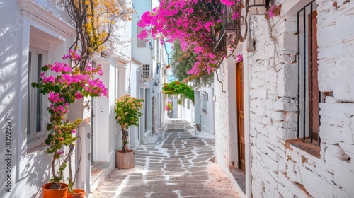 Fototapeta Naklejka Na Ścianę i Meble -  Charming mediterranean alleyway with white houses and colorful bougainvillea blooms