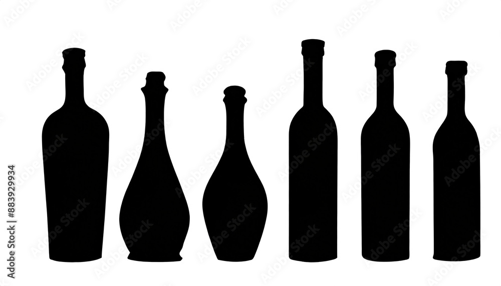 schwarze Silhouette Kontrast Weinflasche set isoliert auf weißen Hintergrund, Freisteller schwarze Silhouette Kontrast Weinflasche set isoliert auf weißen Hintergrund, Freisteller