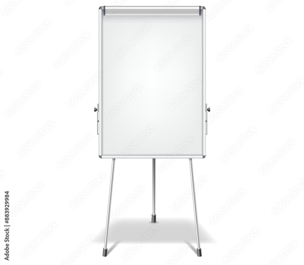Empty whiteboard on tripod metal legs realistic vector illustration. Business presentation mockup display 3d object on white background Empty whiteboard on tripod metal legs realistic vector illustration. Business presentation mockup display 3d object on white background