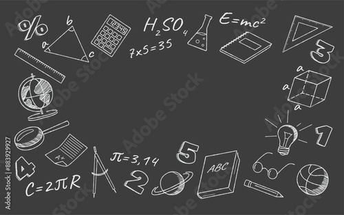 Education items ornament frame on chalkboard line vector illustration. Middle school lessons mockup border template placard black and white