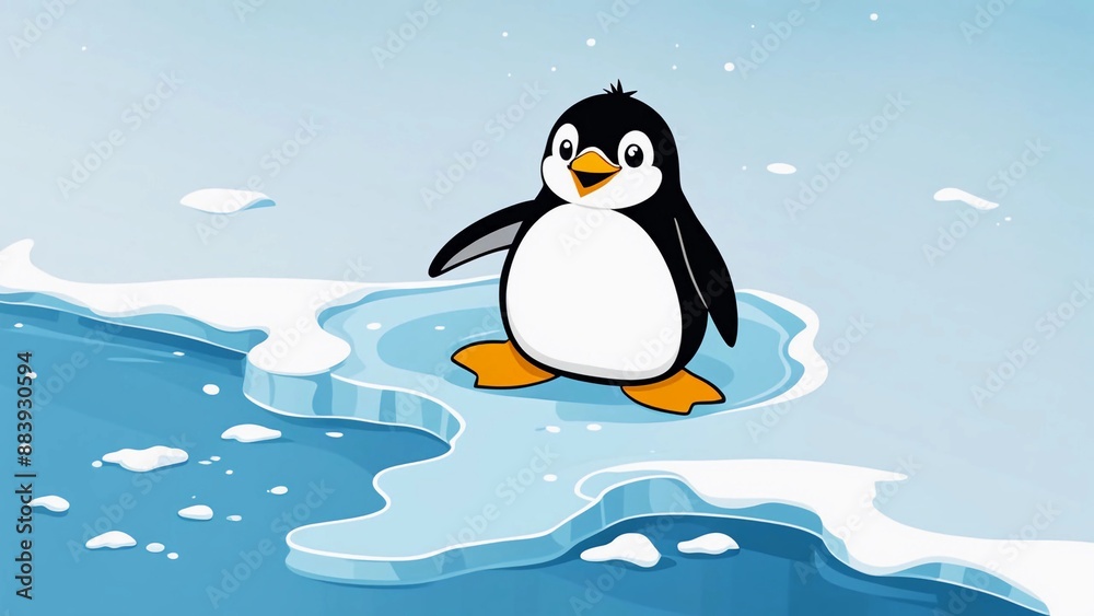 Funny penguin slipping on an ice patch with a surprised expression, vector flat design clipart Funny penguin slipping on an ice patch with a surprised expression, vector flat design clipart