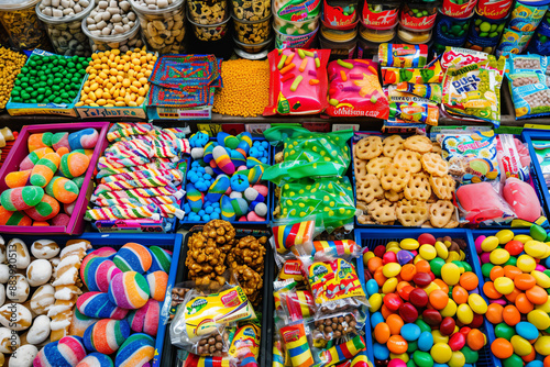 Colorful Candy and Snacks at a Market Stall.