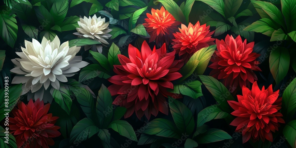 Lush Pond with Vibrant Lotus Flowers, Red and White Blossoms Lush Pond with Vibrant Lotus Flowers, Red and White Blossoms