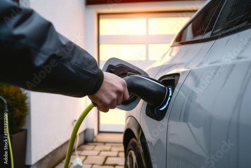 detail of a hand plugging the cord into an electric car, to charge the battery in the garage outside a home. concept of electric car charging, renewable energy, sustainability and transport.