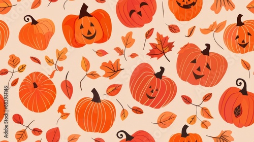 Seamless autumn pattern with pumpkins and leaves on beige background