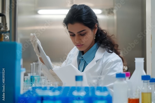 Chemist doing research while working at an industrial lab Latin American female chemist doing research while working at an industrial lab using a digital tablet