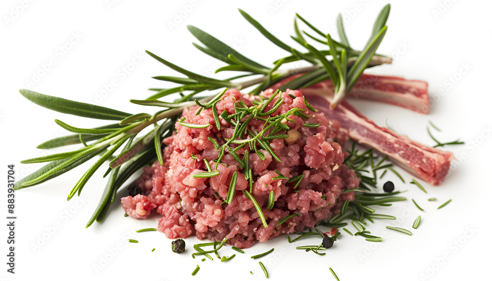 Raw ground meat and rosemary isolated on white Raw ground meat and rosemary isolated on white