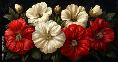 Painting of Red and White Flowers