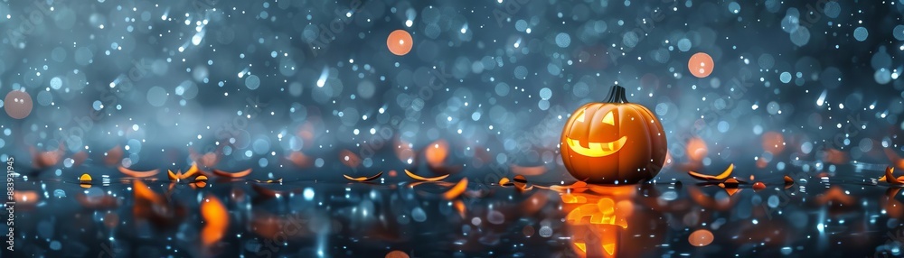 Fototapeta premium Halloween pumpkin with a carved face, surrounded by floating autumn leaves and glowing lights on a dark, rainy night, creating a spooky atmosphere.