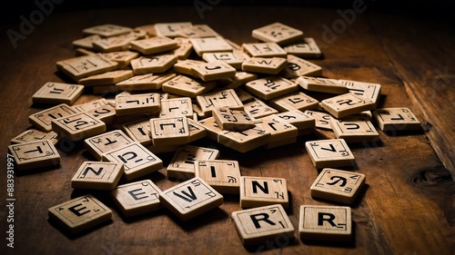 Scrambled Letters:  A pile of wooden letter tiles scattered on a rustic wooden surface.  The letters are jumbled and create a sense of chaos and uncertainty, inviting viewers to contemplate the potent