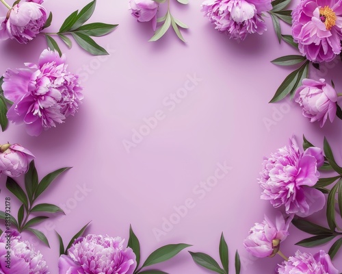 Lilac peony flower frame on elegant background for special occasions with copy space