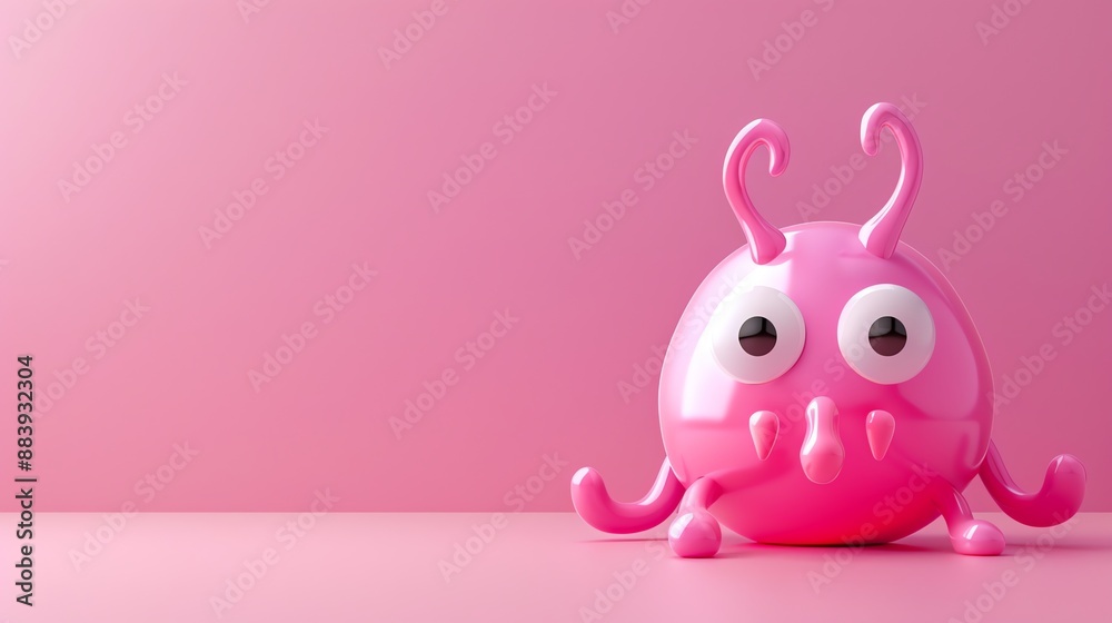 A pink cartoon monster with large eyes sits on a pink background. A pink cartoon monster with large eyes sits on a pink background.