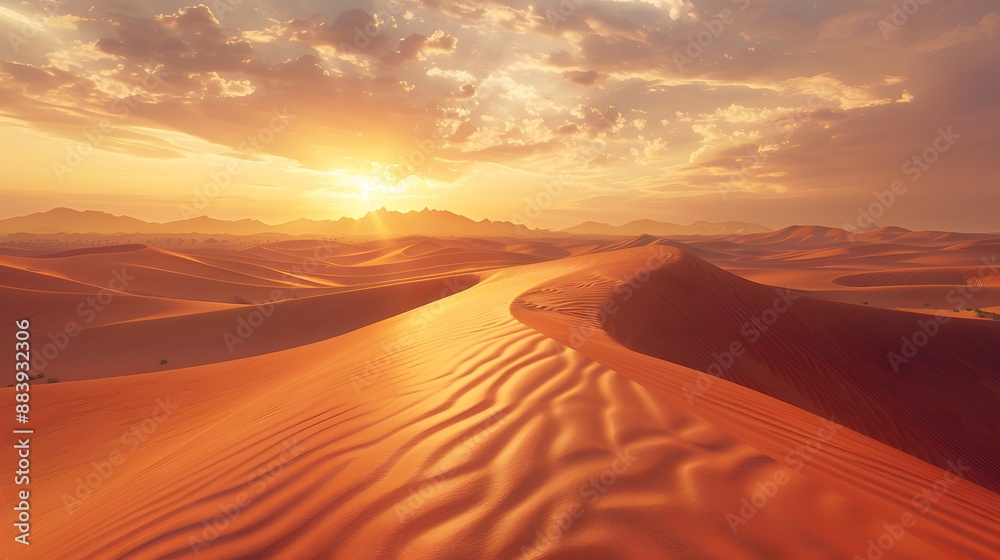 Expansive golden sand dunes under a warm light, providing a serene and exotic scene.