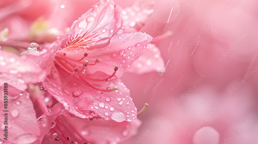 Close-up of wet azalea flower with stem, soft magenta blur background, rain drops, vivid and lush composition. Close-up of wet azalea flower with stem, soft magenta blur background, rain drops, vivid and lush composition.