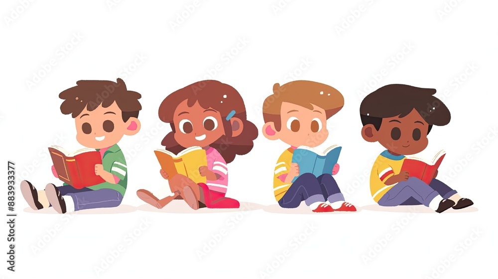Cartoon-style illustration of a group of students reading on a white background. Ideal for International Literacy Day themes, promoting education, and encouraging a love for reading. Cartoon-style illustration of a group of students reading on a white background. Ideal for International Literacy Day themes, promoting education, and encouraging a love for reading.
