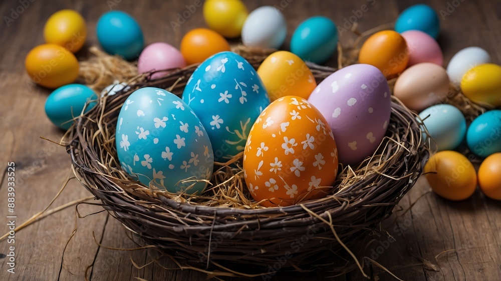 Easter eggs in a colorful basket Easter eggs in a colorful basket