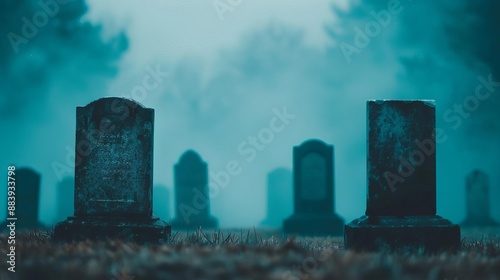 Misty cemetery with weathered gravestones shrouded in fog, creating a haunting and eerie atmosphere in a desolate, overgrown graveyard. photo