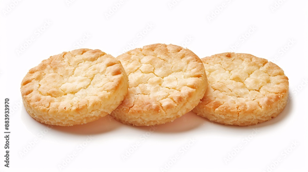 Three round shortbread biscuits isolated on white.

