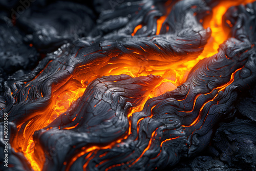 Glowing lava flow at close range during volcanic eruption, hi-res wallpaper background