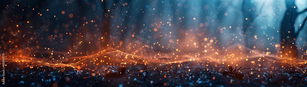 Fototapeta premium Enchanting forest scene with glowing sparks, creating a magical nighttime atmosphere. Ideal for fantasy and nature-themed visuals.