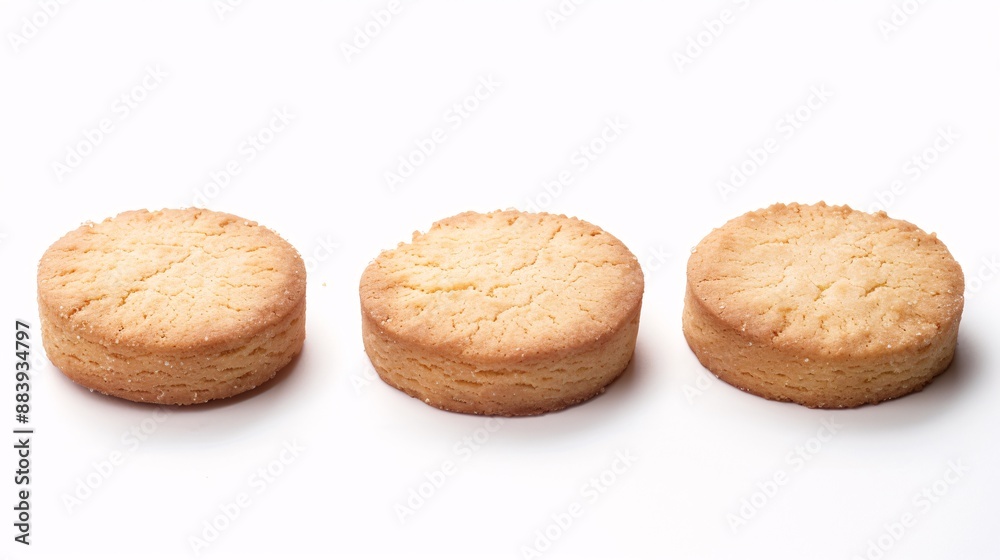 Three round shortbread biscuits isolated on white.
Three round shortbread biscuits isolated on white.