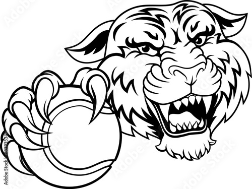 A tiger with a tennis ball sports team animal cartoon mascot