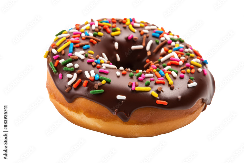 A decadent display of a chocolate donut, glazed with a rich chocolate frosting and topped with colorful sprinkles, on a white background A decadent display of a chocolate donut, glazed with a rich chocolate frosting and topped with colorful sprinkles, on a white background