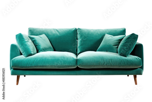 A cozy modern 3-seater sofa made from plush velvet fabric, with deep seating and supportive cushions. Isolated on white background photo