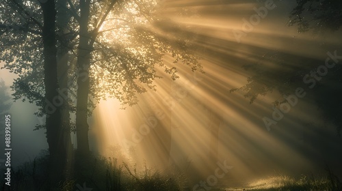 Stunning light beams piercing through foggy air, creating a dramatic and ethereal effect.